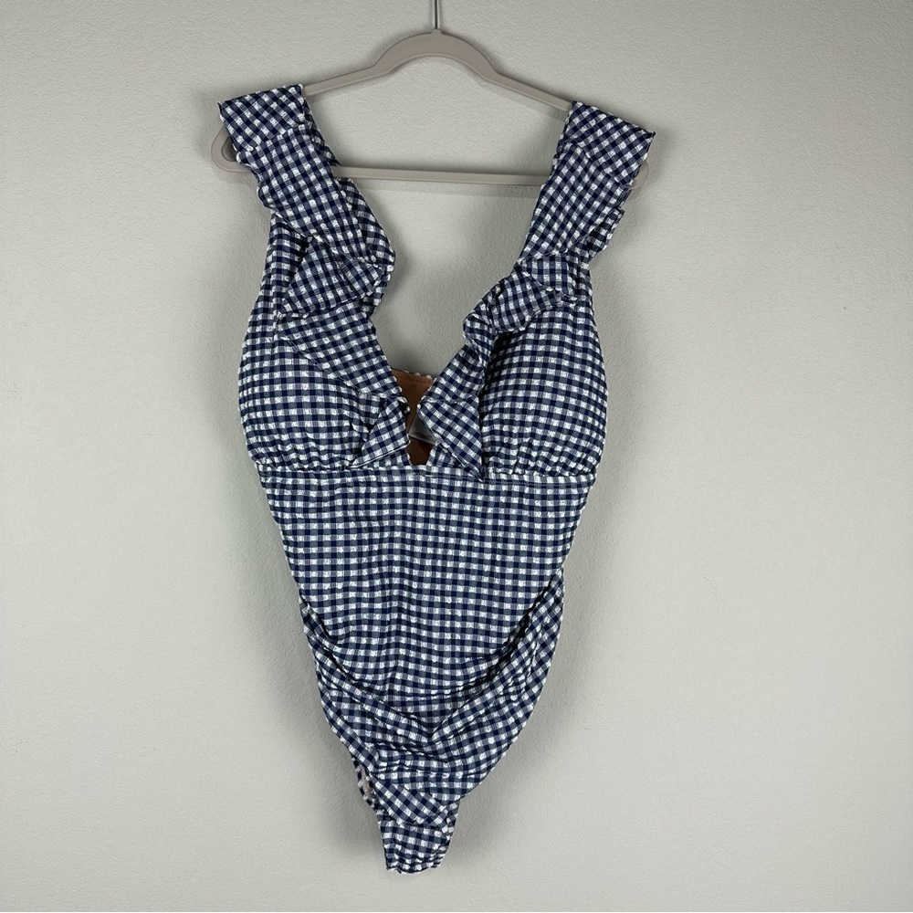 NEW J.Crew Blue White Gingham Ruched Ruffle One Piece Swim Swimsuit Size 20